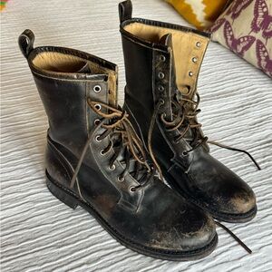 Frye Black Distressed Leather Combat Boots